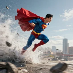 Superhero landing with physics particle effects debris wind and shockwaves, random location