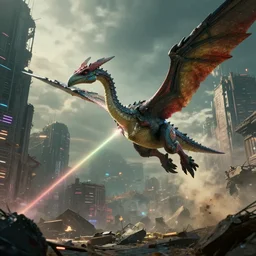a laser shotting teradactyl in destroyed city cyberpunk, fantasy, 4 k, octane render