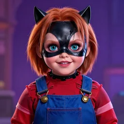 A beautiful portrait of Chucky as Catwoman from Batman movie, digital art by Eugene de Blaas and Ross Tran, vibrant color scheme, highly detailed, in the style of romanticism, cinematic, artstation, Greg rutkowski