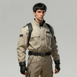 concept art of a detailed portrait, man in his 30s, who is a mix between french, turkish and russian, short black hair with bangs, dressed in beige and black utilitarian jumpsuit. 4K by Charlie Bowater, Scifi Artstation HQ.