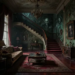 cinematic colorful horror artwork by artgerm, beksinski, mark brooks, stephen king ; empty desolate living room flight of stairs in hallway ; elegant dark ominous scary, 8 k hdr, creepy intricate ; volumetric dramatic lighting, insanely detailed, haunting