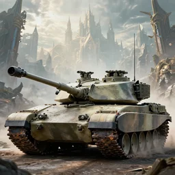 tank abrams with elf on turret with fantasy background