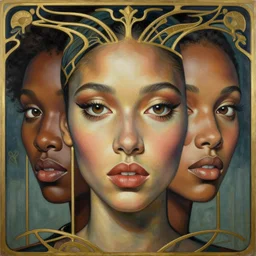 a streamline moderne, art nouveau, multi - ethnic and multi - racial portrait in the style of michael whelan, and in the style of donato giancola, and in the style of charles dulac. intelligent, expressive, very large eyes. symmetry, ultrasharp focus, dramatic lighting, photorealistic digital painting, intricate, elegant, highly detailed, symmetrical.