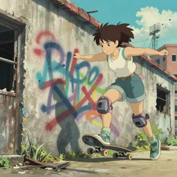 a beautiful movie still in the style of Studio Ghibli anime showing a female skateboarder spray painting on an abandonned building in Los Angeles. Studio Ghibli, trending on artstation, trending on behance