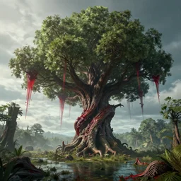 a beautiful hyperrealistic detailed 3 d render of a colossal, flying vampiric tree absorbing blood from the swamplands, by anton otto fischer, atey ghailan, by benscoter, unreal engine, octane render, epic, 3 d, intricate, ultra wide, artstation, volumetric lighting, hdr, polished, micro details, ray tracing, 8 k