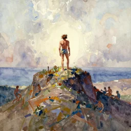 abstract watercolor painting of prehistoric caveman, mountain top, ocean in the horizon, paint brush strokes, art by hans dahl, jesper ejsing, anders zorn, greg rutkowski, greg manchess, wonderful masterpiece, cinematic light, american romanticism