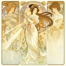 deco art by yoshitaka amano, alfons mucha and makoto shinkai. chinese taoist fairy goddess. liu yifei, hyper detailed, character concept, full body, dynamic pose, intricate, lineart, cerpuscular rays, lily flowers. 8 k