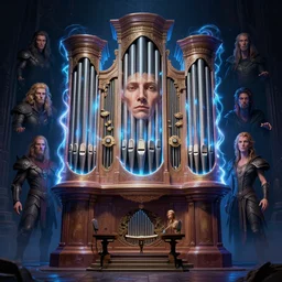 hd, realistic anthropomorphic pipe organ, fantasy science fiction, glowing electric aura, by donato giancola and greg rutkowski and wayne barlow and zdzisław beksinski, realistic face, visible face, digital art, artstation, symmetry