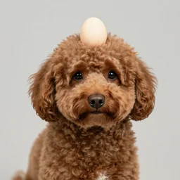 brown cavoodle with an egg on its head