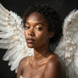 beautiful angel, brown skin, asymmetrical face, ethereal volumetric light, sharp focus