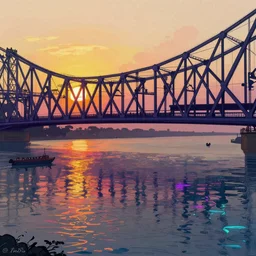 howrah bridge, calcutta, sunset, cyberpunk, neon illustration, art by alphonse mucha and tian zi and WLOP