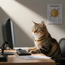 a put cat working at a computer, doing important cat related research
