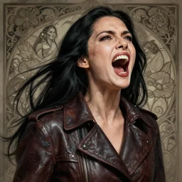 portrait of a long black haired woman screaming with here eyes wide open in the style of mass effect, leather trench coat, intricate, elegant, highly detailed, digital painting, artstation, concept art, smooth, sharp focus, illustration, art by artgerm and greg rutkowski and alphonse mucha, 8 k
