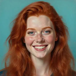 hyper realistic painting portrait of a smiling redhead by stjepan sejic, by norman rockwell, by michael hussar, turquoise background