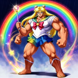crossdressing magical man in anime style, colorful dress, transformation, holding wands, illustration, very hairy, muscular, full body, workout, male, body builder, digital painting, artstation, simon stalenhag, epic, stunning, rainbows, sailor moon, hdr, highly detailed