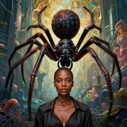 realistic detailed photorealistic film portrait shot of a beautiful black woman with a giant spider, sci-fi city landscape background by Denis Villeneuve, Amano, Yves Tanguy, Alphonse Mucha, Ernst Haeckel, Andrei Tarkovsky, Edward Robert Hughes, Roger Dean, rich moody colours, wide angle, blue eyes