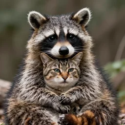 a photo of a raccoon hugging a cat