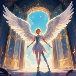 snufkin with white angel wings in front of heaven doors, digital illustration portrait design, by android jones and greg rutkowski, retrowave color scheme, detailed, cinematic lighting, wide angle action dynamic portrait