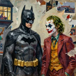 batman and the joker, painting by shaun tan, detailed, intricate, torn paper decollage, oil on canvas by edward hopper, ( by mattias adolfsson ), by moebius