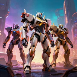 a futuristic civilisation with mecha robot protectors by craig mullins, colourful dramatic lighting, octane render