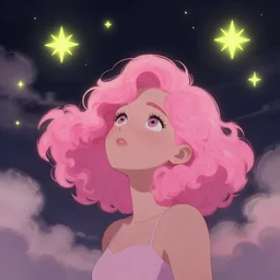 harmony of steven universe, rose quartz woman, curly pink hair, night sky, looking up, swirly clouds, neon yellow stars, by wlop, james jean, victo ngai! muted colors, highly detailed, fantasy art by craig mullins, thomas kinkade