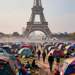 long exposure photograph of migrant camp outside futuristic paris by neil blevins, misty, hyper realistic, vibrant colors, pop art style, cinematic, 3 5 mm grain filter, artstation