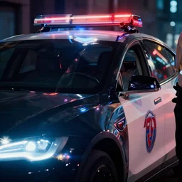 film still from blade runner, closeup of cyberpunk tesla police car, global illumination, volumetric lighting