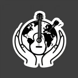 a logo of hands around earth with guitar and paint brush, simple lineart, black and white, vector