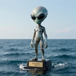 a long shot of a giant award winning sculpture of an alien wearing futuristic sunglasses on the surface of the ocean, in the style of chad knight, hyper detailed, hyper realistic, ray tracing, 8 k resolution, sharp focus, beautiful realistic water