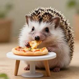 still image of a cute hedgehog sitting at a tiny table eating a tiny pizza, photo