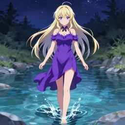advanced digital anime art, Sakimichan , WLOP, RossDraws, a gorgeous woman with long gold and silver hair wearing a violet dress and bare feet walking through a crystal clear river under a starry night, DOF, Gaussian Blur, —H 1024