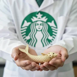 scientists hands holding a fossilized mermaid that resembles the starbucks logo
