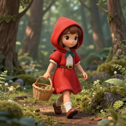 highly detailed vibrant matte painting of little red riding hood walking through the forest, carrying basket in her hand, artstation, detailed forest, smooth 4K