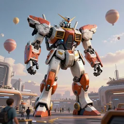 a beautiful hyperrealistic ultradetailed 3 d render of a gigantic mecha guarding a sci - fi spaceport, by michael hague : 3, mech, unreal engine, octane render, gigantic, unreal engine, octane render, 3 d, brilliantly coloured, intricate, ultra wide angle, trending on artstation, dusk, volumetric lighting, hdr, polished, micro details, ray tracing, 8 k : 2, people, sphere, balloon, blurry, blur, depth of field, dof, bokeh, obscured, macro : - 1