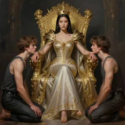 portrait of a young asian woman with shoulder length hair and strong facial bone structure, queen and ruler of the universe, sitting on her throne, young handsome caucasian men kneeling at her feet, digital painting, \ highly detailed, intricate, elegant, hyperrealism, trending on artstation, art by wlop, julia razumova, mandy jurgens, ross tran