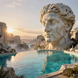 Lise Deharme, scifi landscape, hyperrealistic surrealism, award winning masterpiece with incredible details, epic stunning, infinity pool, a surreal vaporwave liminal space, highly detailed, trending on ArtStation, artgerm and greg rutkowski and alphonse mucha, daily deviation, IAMAG, broken giant marble head statue ruins, golden hour