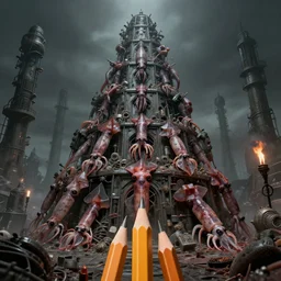 pencils of 1 1 horrifying sputum, cubed squid as plastic grotesque, unsymetrical, filth machines in tiers, all mainframe, brutalist battle grave, by wayne d barlowe, stefano tamburini, torch light, muted colors, epic, hyper detailed, awe inspiring, award winning horror, hyper realism, cinematic