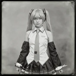 daguerreotype photograph of hatsune miku, 1800s, black and white