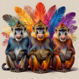 colorful baboons sitting side by side starring directly into the camera with colorful feather background, highly detailed, intricate, digital painting, trending on artstation, concept art, matte painting, art by greg rutkwowski, craig mullins, octane render, 8 k, unreal engine