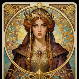 head-on symmetrical centered painted portrait, Mais Hamdan as a D&D wizard, ornate robes, art nouveau, tarot card style, fantasy, intricate, elegant, highly detailed, smooth, sharp focus, illustration, artstation, in the style of Artgerm and Anna Podedworna and Alex Ross and Mucha