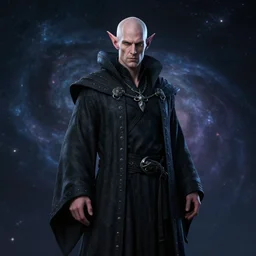( ( ( ( ( hyperrealist portrait of an dark elf in wizard robes, in the background is the universe. ) ) ) ) ) by michael moorcock, fantasy, photorealistic, octane render, unreal engine, dynamic lighting, bet face, handsome drow, beautiful, perfect factions, perfect drow, trending on artstation, poster, volumetric lighting, very detailed faces, 4 k, award winning