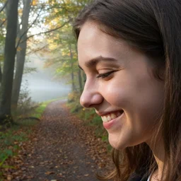 a double exposure of a beautiful extreme close up side view portrait of a smiling young woman looking down, with a landscape photo of an autumn misty morning forest, forest trail, lake, dappled light, sun rays, green and brown tones