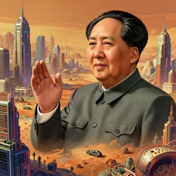 a hyper realistic digital art of mao zedong in cyberbunk city on mars by kim jung gi, irakli nadar, intricate linework, bright colors, highly detailed, hyperrealism, digital art, artstation, concept art, detailed and intricate environment, an expansive view of