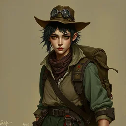 detailed character full body portrait of a skinny feminine alt art concept art androgynous adventurer merchant salesman rucksack smirking artgerm greg rutkowski mucha ross tran