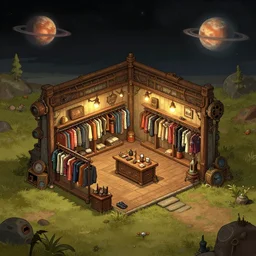 inside a clothing store, in a small remote outpost, on a remote planet, steampunk style, from a point and click 2 d graphic adventure game, set design inspired slightly by tomb raider, art inspired by [ [ thomas kinkade ] ] and [ mark keathley ]