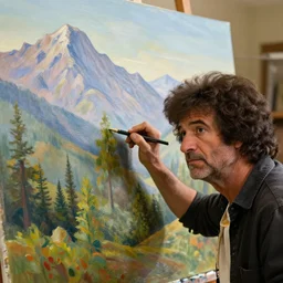 a closeup photorealistic photograph of bob ross putting finishing touches on a canvas painting of kenny powers. mountains and trees. film still. brightly lit scene. this 4 k hd image is trending on artstation, featured on behance, well - rendered, extra crisp, features intricate detail, epic composition and the style of unreal engine.