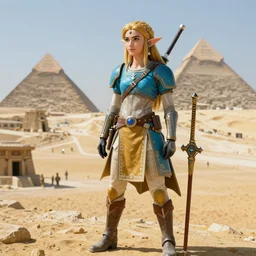 zelda with futuristic clothes in the distant future in egypt, fantasy style