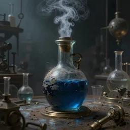 a steampunk painting of a dark blue steaming potion bottle in a dark dusty vintage science lab, by h. r. giger, hyperrealistic fantasy art, concept matte, ethereal, dreamy, digital art, trending on artstation, volumetric cinematic lighting
