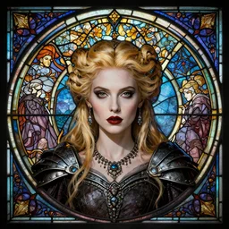 masterpiece head-on symmetrical centered portrait, Portia Doubleday as a Gothic Warrior, blonde hair, gothic stained glass style, tarot card style, elegant, distant, in the style of Edgar Maxence and Ross Tran and Zdzisław Beksiński and Michael Whelan and Mucha and Gustave Doré, specular highlights, 8k, octane render