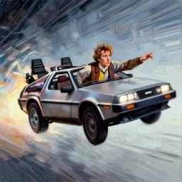 doc brown in delorean from back to the future, flying, painting by phil hale, fransico goya,'action lines '!!!, graphic style, visible brushstrokes, motion blur, blurry, visible paint texture, crisp hd image